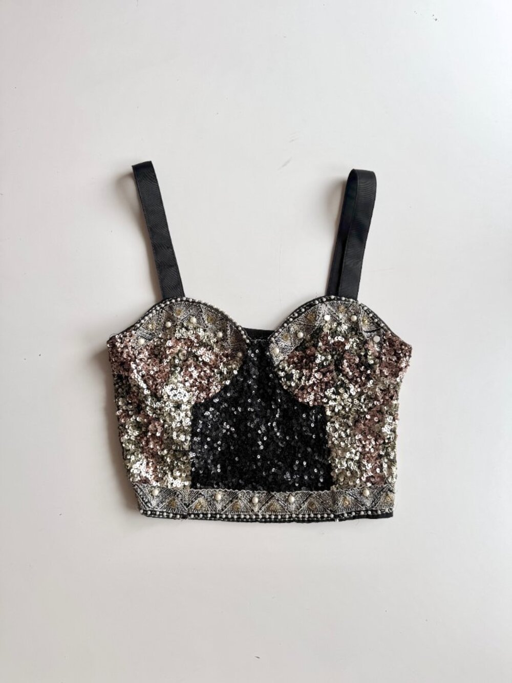 ZARA Black Gold Sequin Embellished Ponte Knit Cropped Bustier Tank Top, Size L